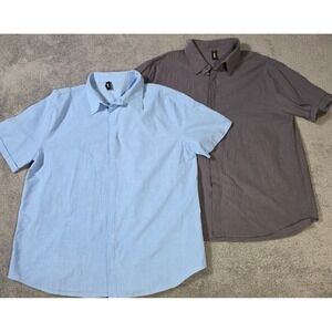 Ouku Mens XL Short Sleeve Button Down Shirt Blue Grey Cotton Linen Bundle 2pc